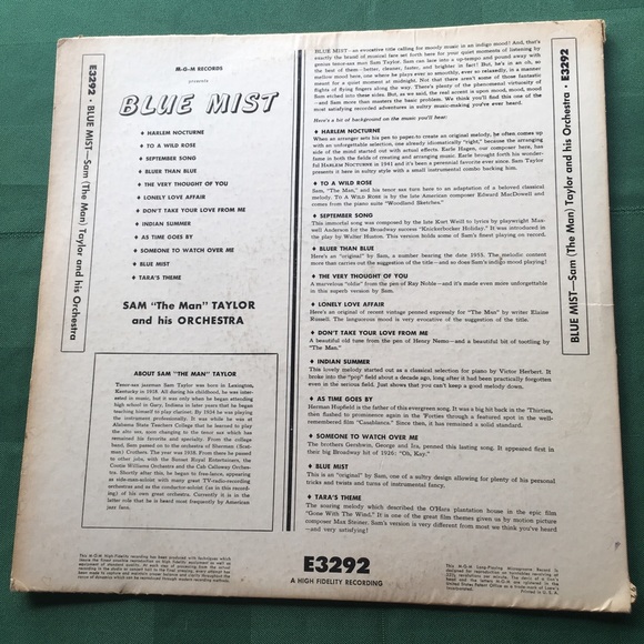 Vintage Vinyl BLUE MIST Sam the man Taylor & Orchestra LP Album Record E3292 - Picture 3 of 3